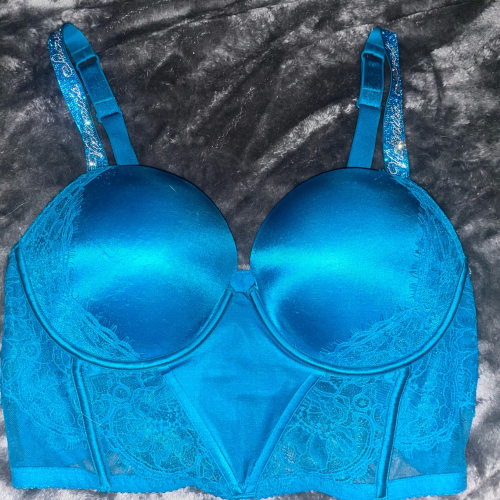 Blue 38D VS silky material corset push-up bra, sparkle VS on straps. NWOT